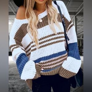 Womens Oversized Off The Shoulder Long Sleeves Knit Sweater Brown/White Sz XL